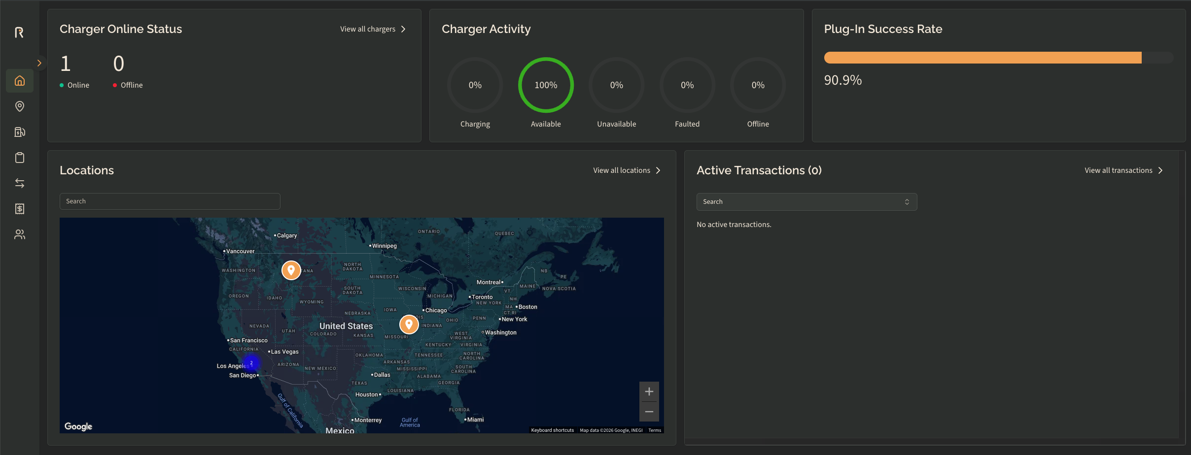 Actual Overlook dashboard with charger status and test activity