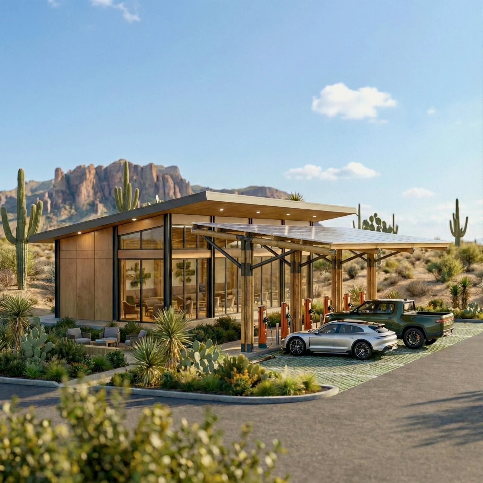 Rangeway concept image of a charging destination in the desert